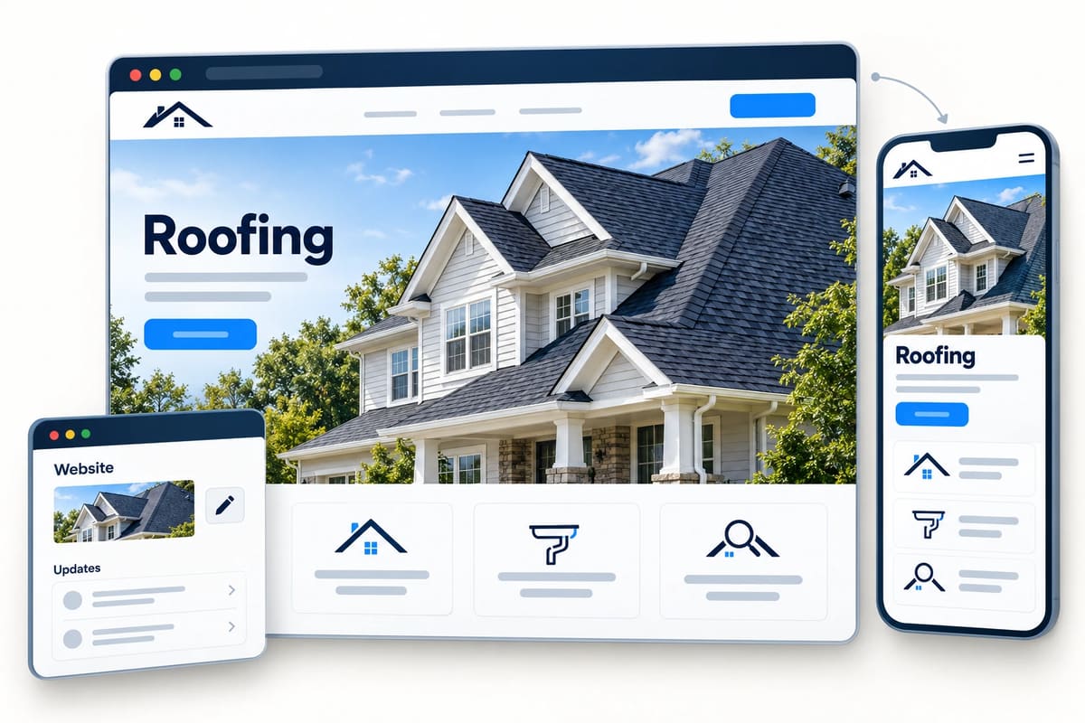 Conceptual roofing website, customer Website and Updates portal, and mobile website mockup