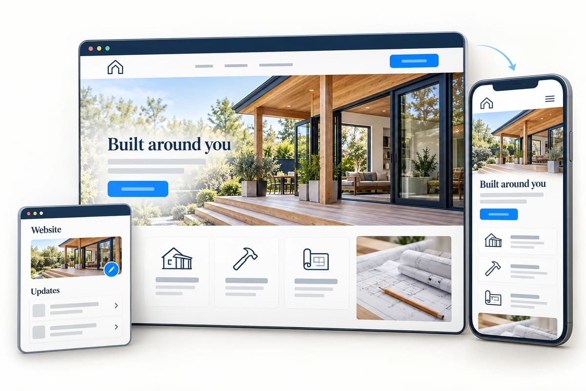 Conceptual general contractor website, customer Website and Updates portal, and mobile website mockup