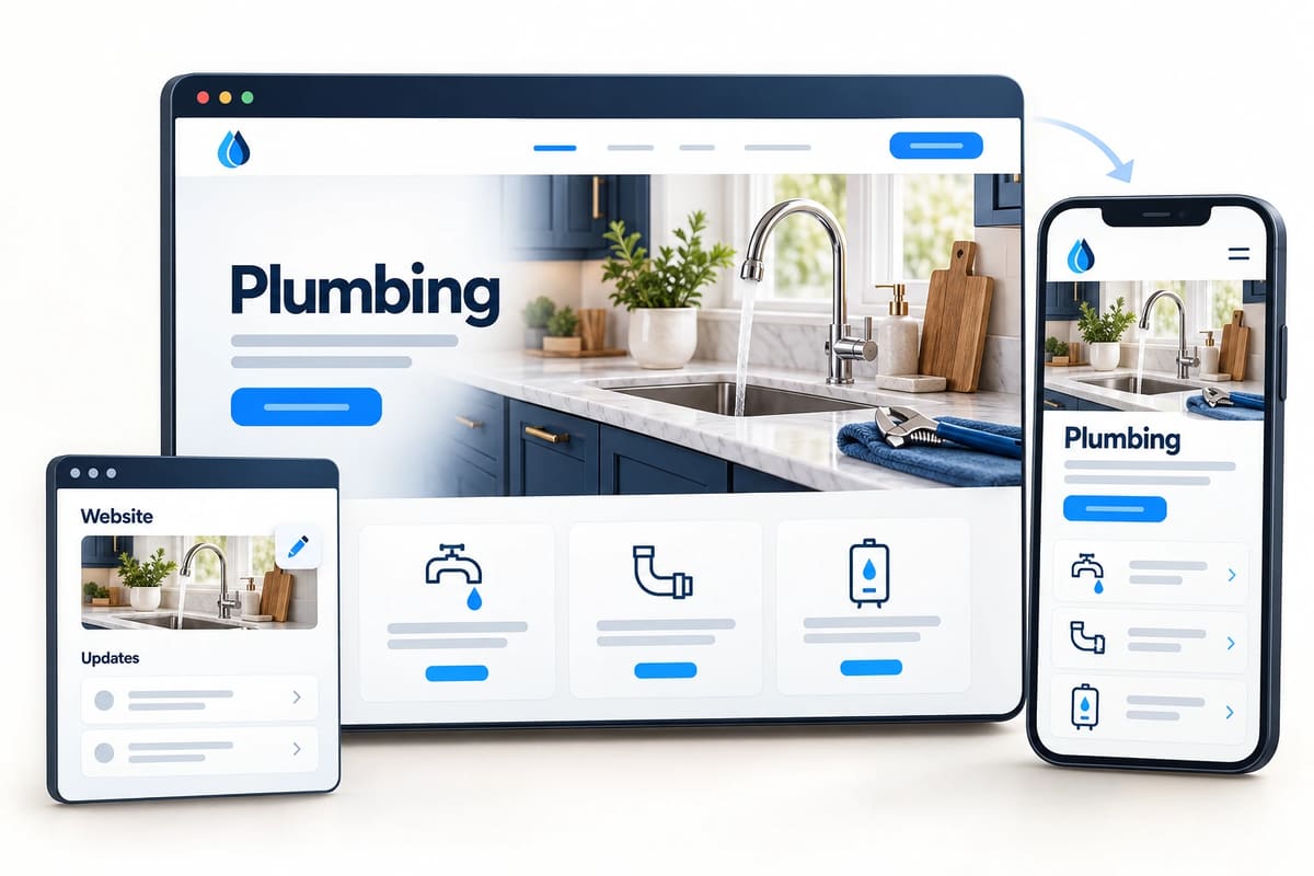 Conceptual plumbing website, customer Website and Updates portal, and mobile website mockup