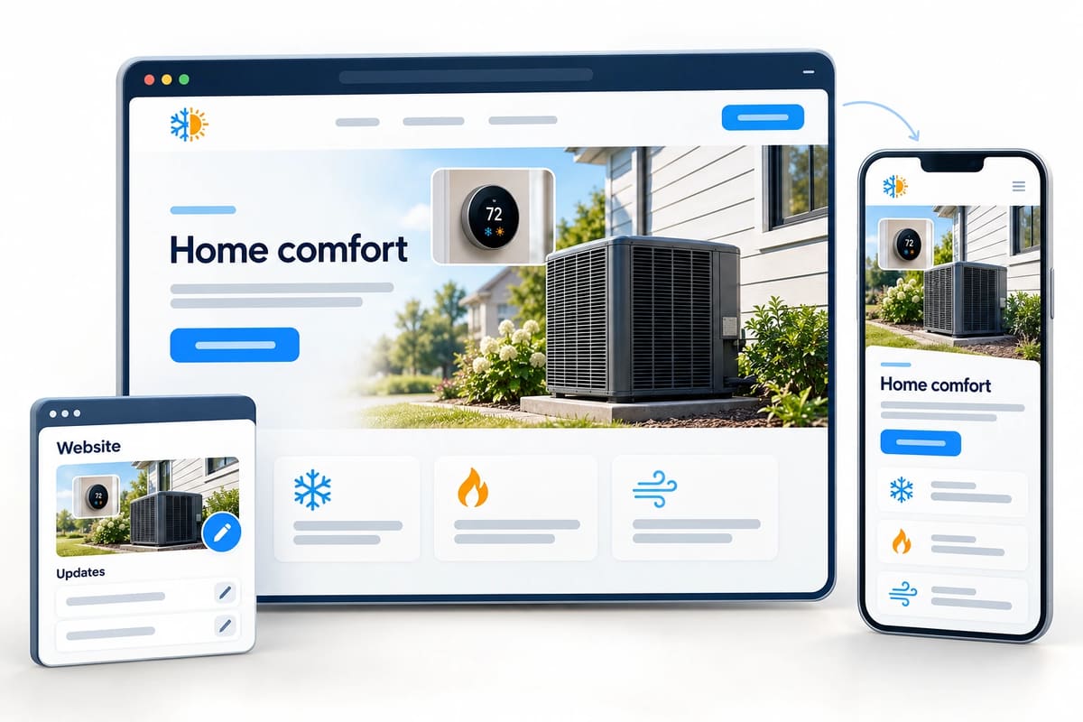 Conceptual heating and cooling website, customer Website and Updates portal, and mobile website mockup